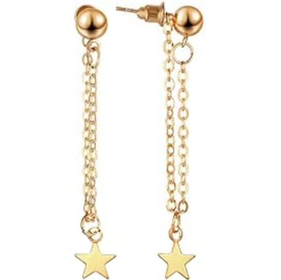 Gold Tiny Star Charm Chain Loop Dangle Stud Earrings Delicate Dainty Stars Loop - Picture 1 of 5